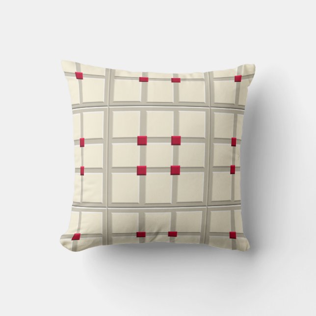 1940s Layered Tile Pattern (Ivory, Ash Gray, Red) Throw Pillow (Front)