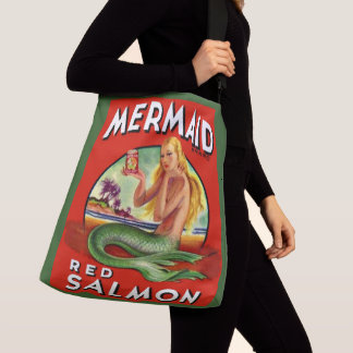 1940s Mermaid Salmon can label print Crossbody Bag
