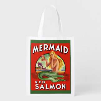 1940s Mermaid Salmon can label print Grocery Bag