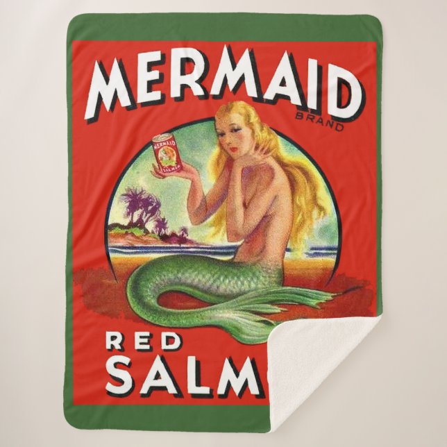 1940s Mermaid Salmon can label print Sherpa Blanket (Front)