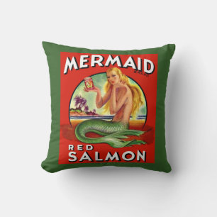 1940s Mermaid Salmon can label print Throw Pillow