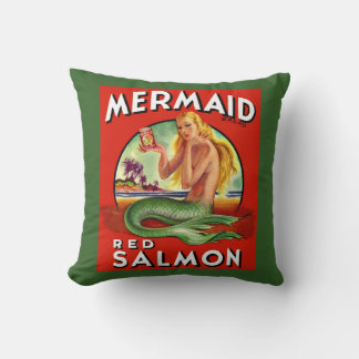 1940s Mermaid Salmon can label print Throw Pillow