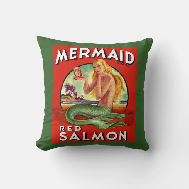 1940s Mermaid Salmon can label print Throw Pillow (Front)