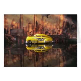 1940s miniature taxi in front of NYC backdrop Cards