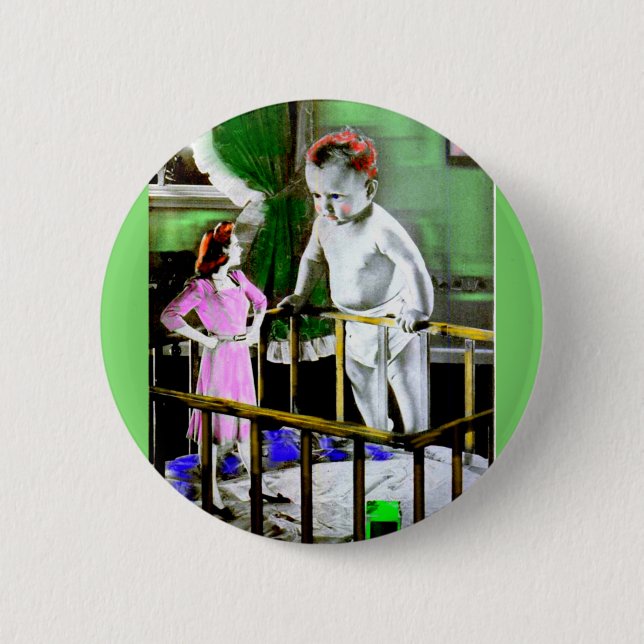 1940s mother and her giant baby pinback button (Front)
