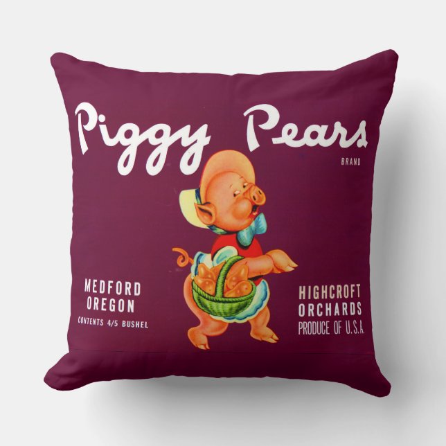 1940s Piggy Pears fruit crate label print Throw Pillow (Front)