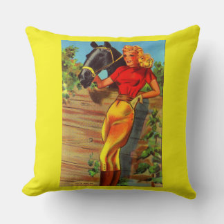 1940s pin-up gal and horse print throw pillow