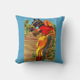 1940s pin-up gal and horse print throw pillow
