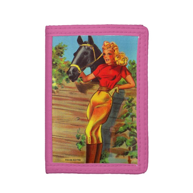 1940s pin-up gal and horse print trifold wallet (Front Vertical)