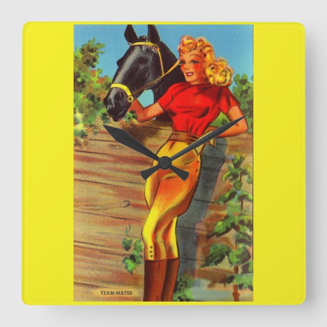 1940s pin-up gal and horse square wall clock (Front)