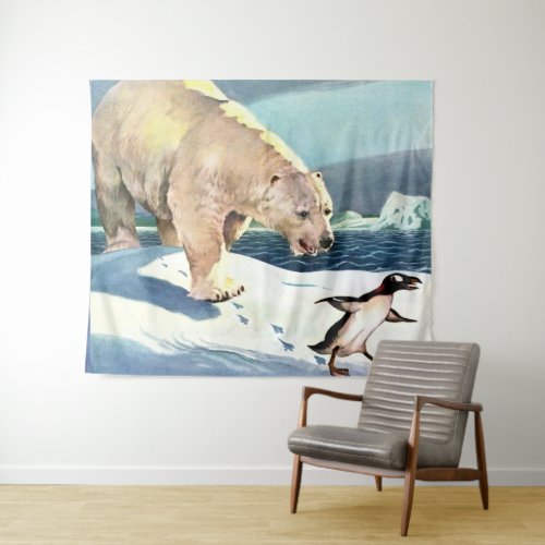 1940s polar bear and penguin print tapestry