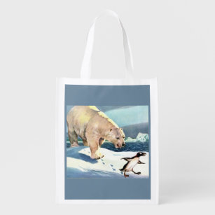 1940s polar bear and penguin reusable grocery bag
