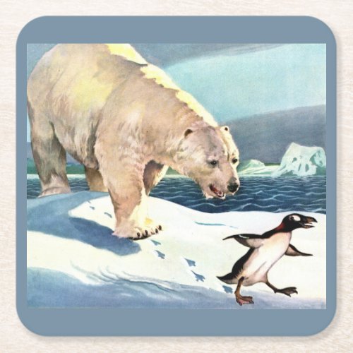 1940s polar bear and penguin square paper coaster