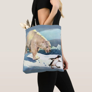 1940s polar bear and penguin tote bag