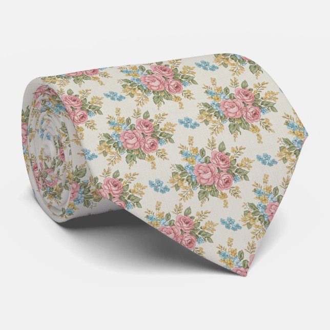 1940s Retro Bouquet Floral Pattern Neck Tie (Rolled)