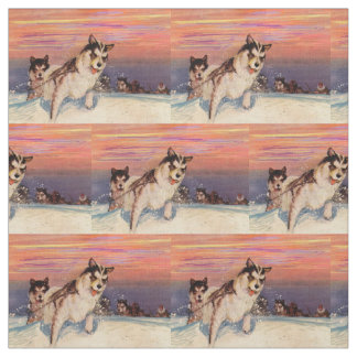 1940s Siberian husky sled dogs print Fabric