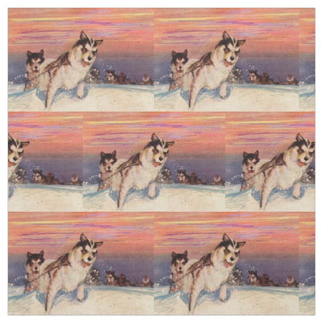 1940s Siberian husky sled dogs print Fabric (Swatch)