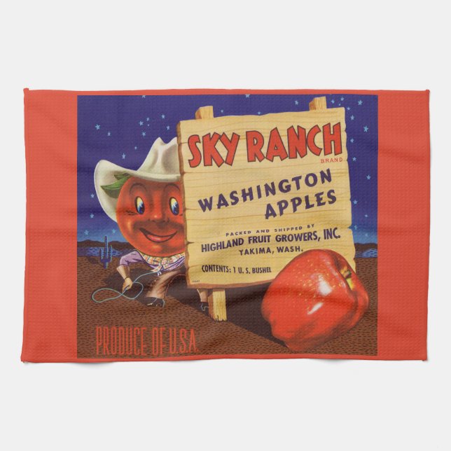 1940s Sky Ranch Washington Apples crate label Kitchen Towel (Horizontal)