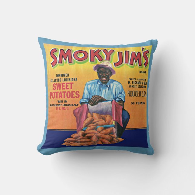 1940s Smoky Jim's sweet potato crate label Throw Pillow (Front)