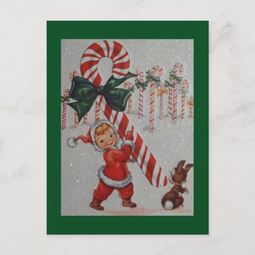 1940s Vintage Child With A Candy Cane Postcard