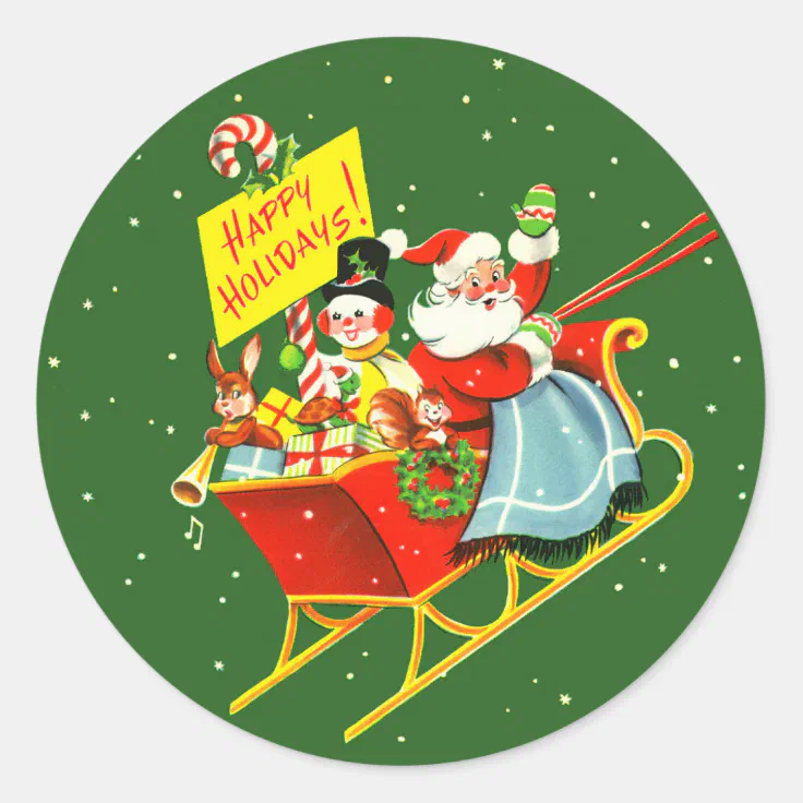 1940s Vintage Christmas Santa Claus with Sleigh Classic Round Sticker |  Zazzle