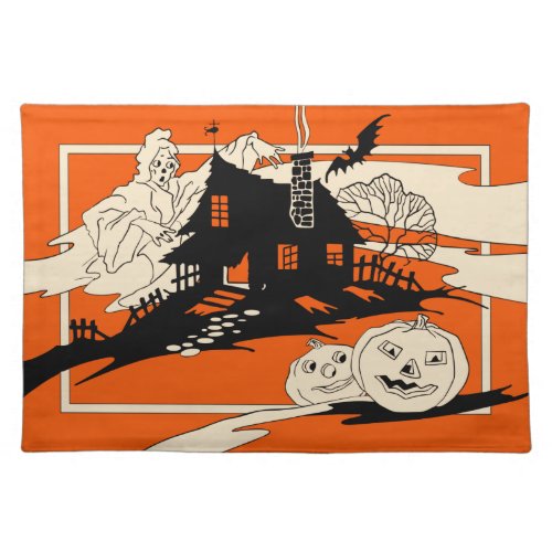 1940s Vintage Halloween Ghost and Haunted House Cloth Placemat