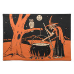 1940s Vintage Halloween Witch With Cauldron Cloth Placemat at Zazzle