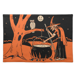 1940s Vintage Halloween Witch with Cauldron Cloth Placemat