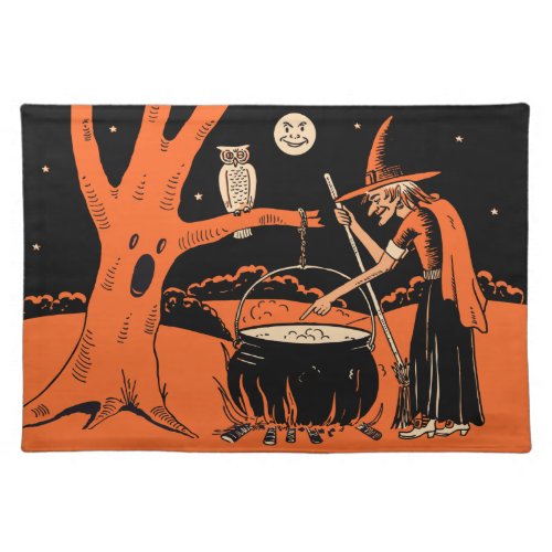 1940s Vintage Halloween Witch with Cauldron Cloth Placemat