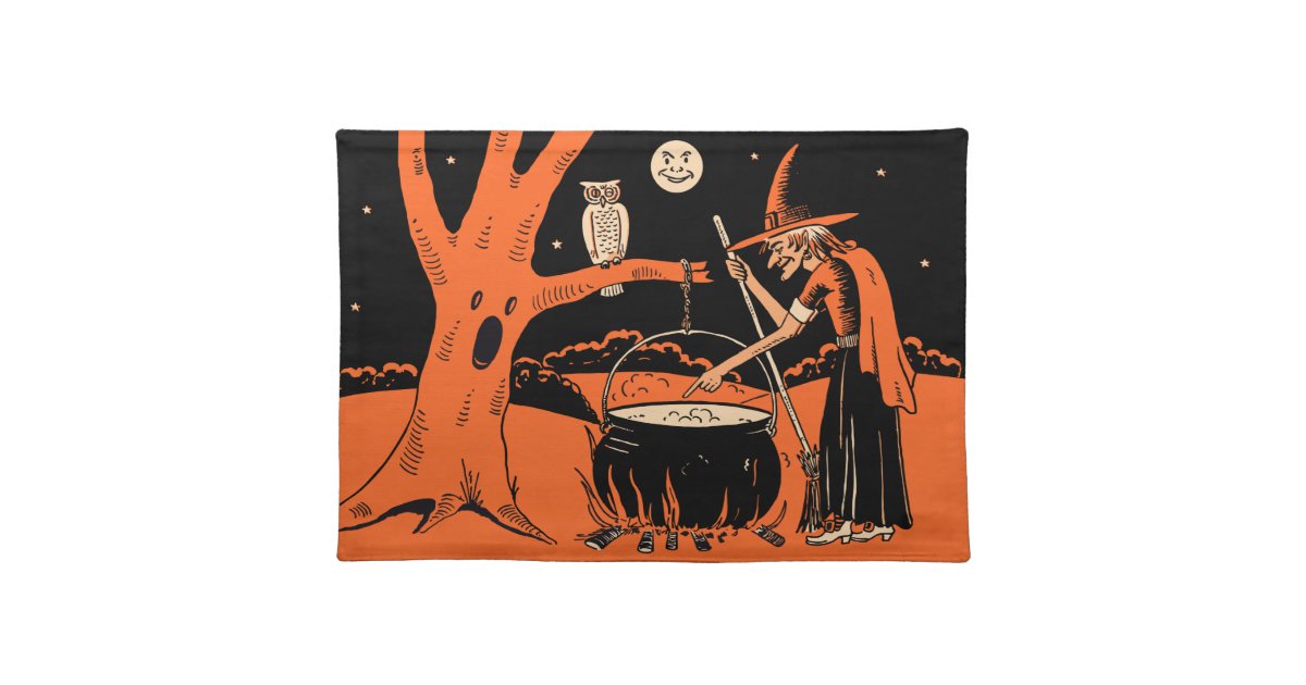 1940s Vintage Halloween Witch with Cauldron Cloth Placemat Zazzle