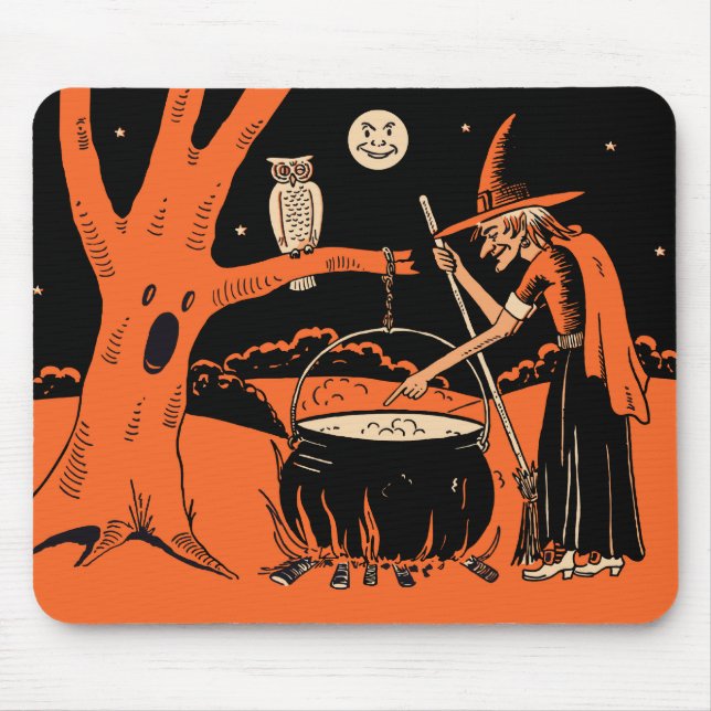 1940s Vintage Halloween Witch with Cauldron Mouse Pad (Front)