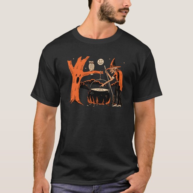 1940s Vintage Halloween Witch with Cauldron T-Shirt (Front)