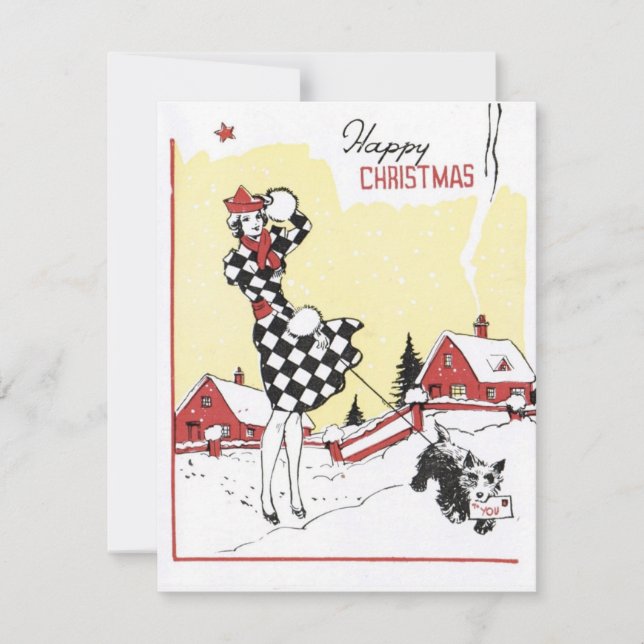 1940s Vintage Happy Christmas Girl With Dog Holiday Card (Front)