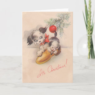 1940s Vintage Its Christmas Puppy Dogs Holiday Card