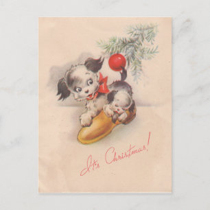 1940s Vintage Its Christmas Puppy Dogs Holiday Postcard