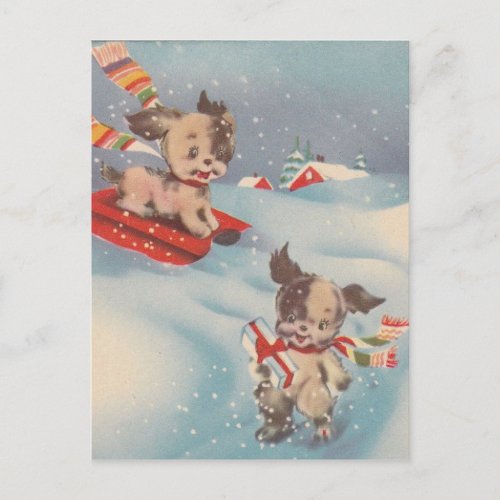 1940s Vintage Puppies Playing In The Snow Postcard