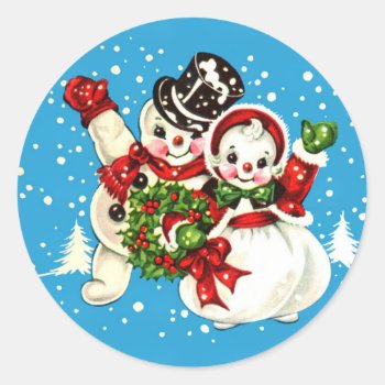 1940s Vintage Snow Man & Woman Stickers by christmas1900 at Zazzle