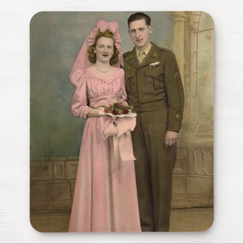 1940s wedding soldier groom and bride in pink gown mouse pad