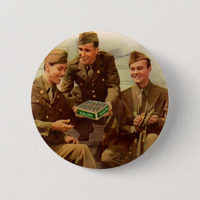 1940s WWII solders with candy from home Pinback Button (Front)
