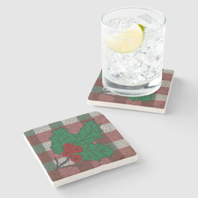 1940s Xmas Gingham Marble  Stone Coaster (Side)