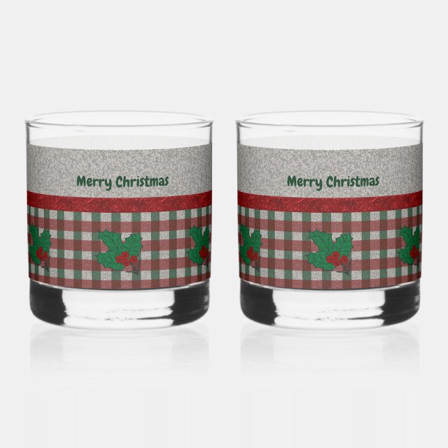 1940s Xmas Gingham - Personalized Set of 2 Whiskey Glass (Front)