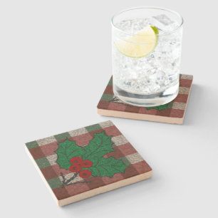 1940s Xmas Gingham Sandstone Stone Coaster