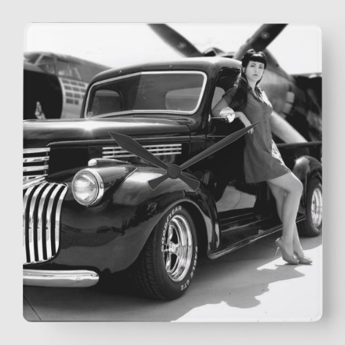 1941 Chevy Hot Rod Pickup Truck Pin Up Girl Square Wall Clock