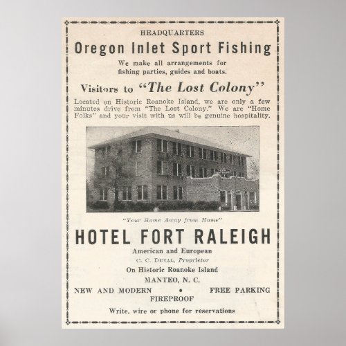 1941 Hotel Fort Raleigh Ad  Manteo NC Poster