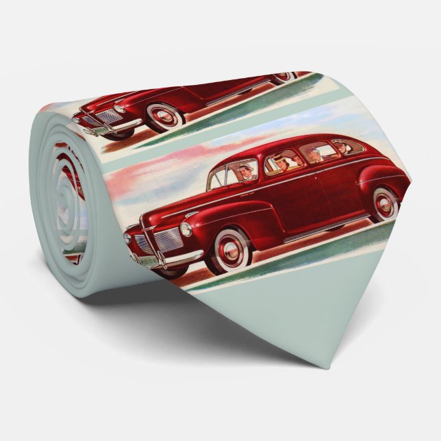 1941 red Mercury 8 print Neck Tie (Rolled)