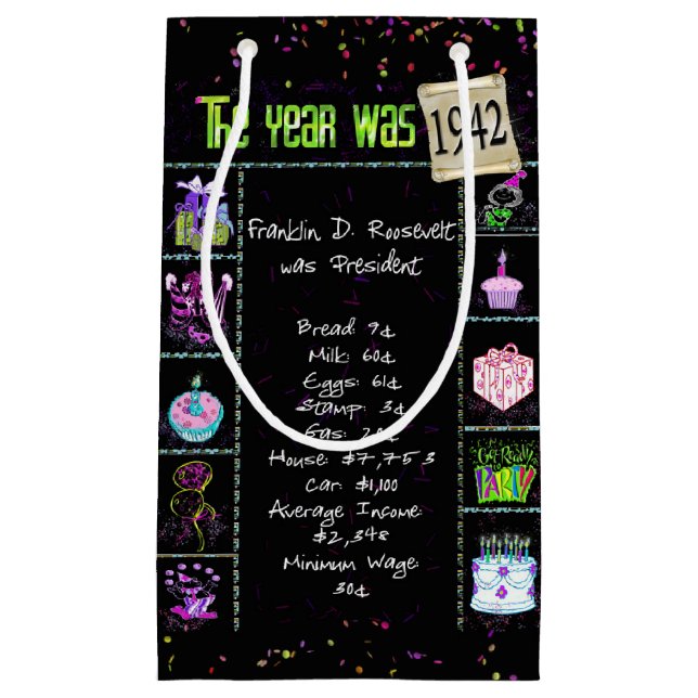 1942 Birth Year Trivia on Black Small Gift Bag (Front)
