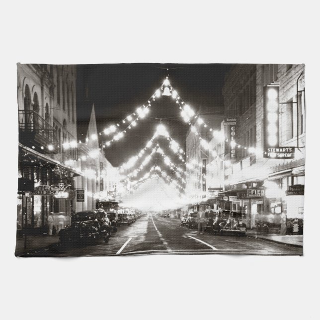 1942 Honolulu's Fort Street at Night Kitchen Towel (Horizontal)