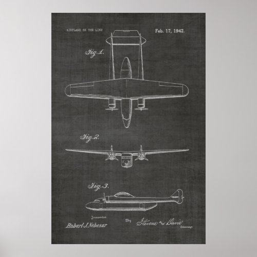 1942 Twin Airplane Patent Art Drawing Print