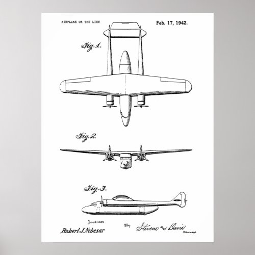 1942 Vintage Airplane Patent Drawing Art Print