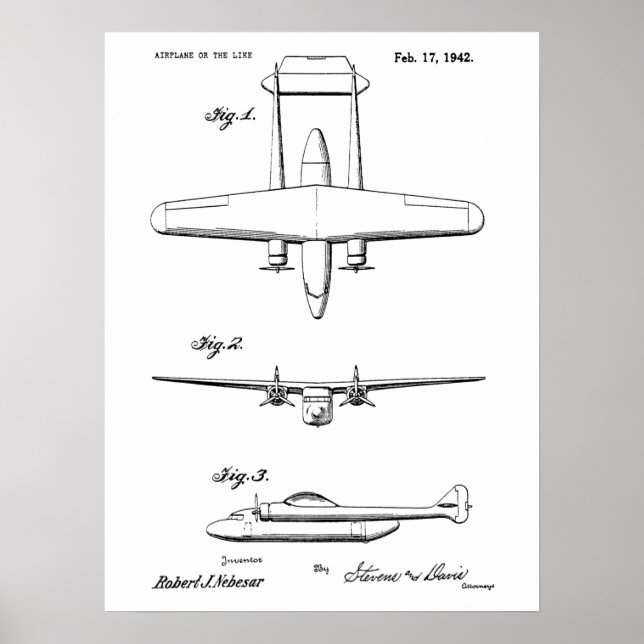 1942 Vintage Airplane Patent Drawing Art Print (Front)